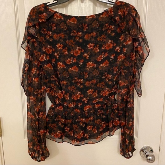 RACHEL ZOE Silk Ruffle-Sleeve Floral Top in Black/Red Multi Size XS - Picture 6 of 8